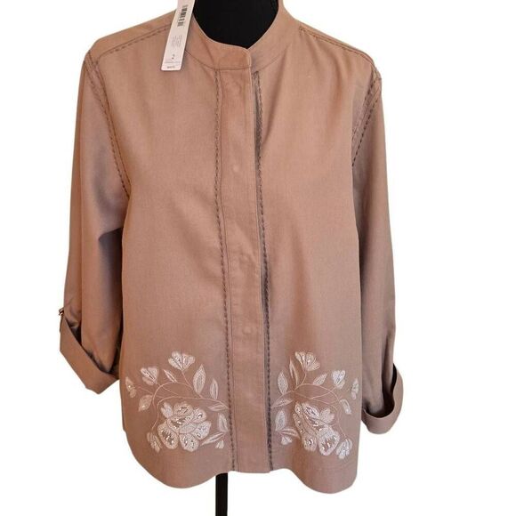 NWT Chico's Womens Full Snap Long Sleeve Embroidered Easy Jacket Mocha Size Larg - Picture 1 of 14